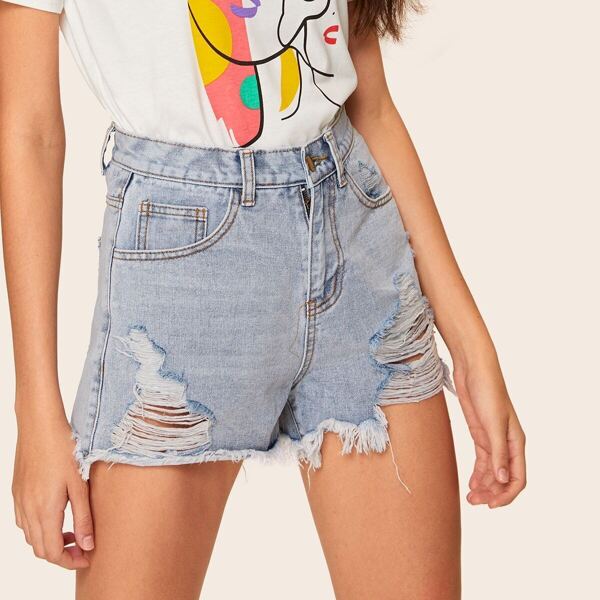 

Slant Pocket Ripped Denim Shorts
