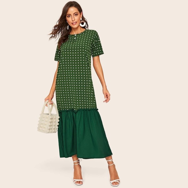 

Polka Dot Button Half Placket Dress, Green
