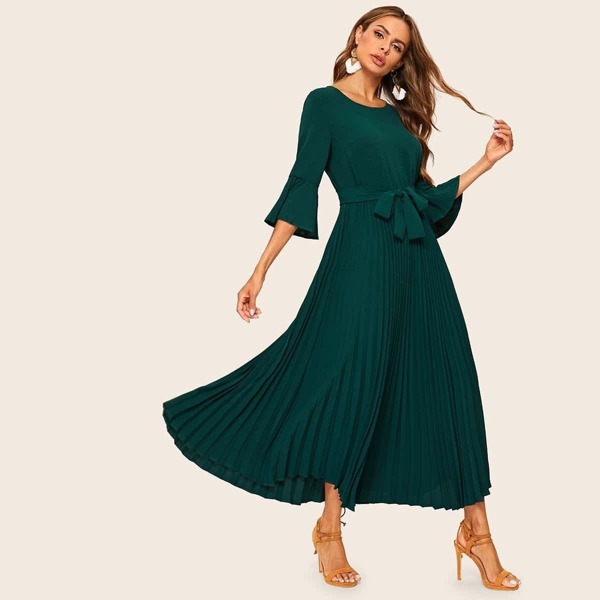 

Flounce Sleeve Pleated Hem Belted Dress
