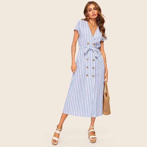 

Striped Double Breasted Belted Shirt Dress