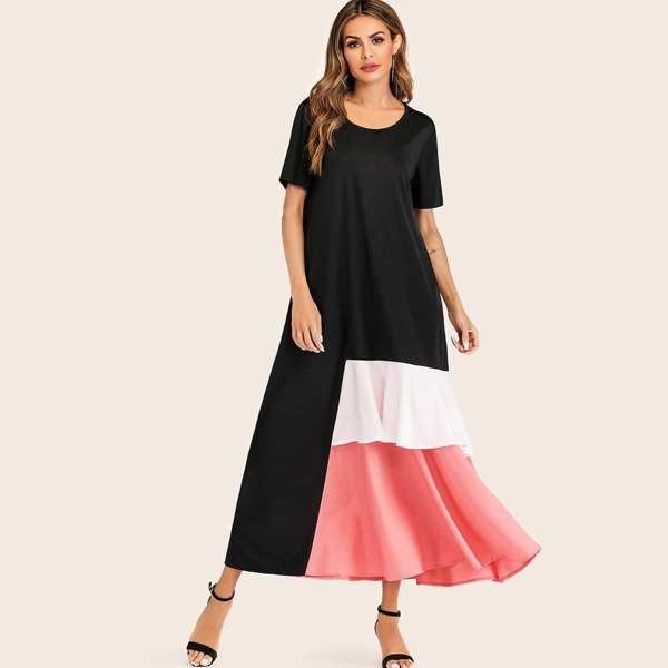 

Color Block Tiered Layer Hem Longline Dress