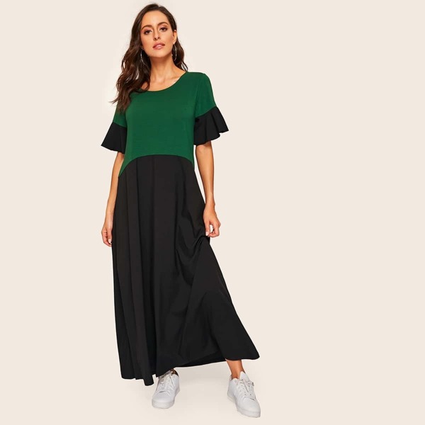 

Color Block Flounce Sleeve Longline Dress, Multicolor