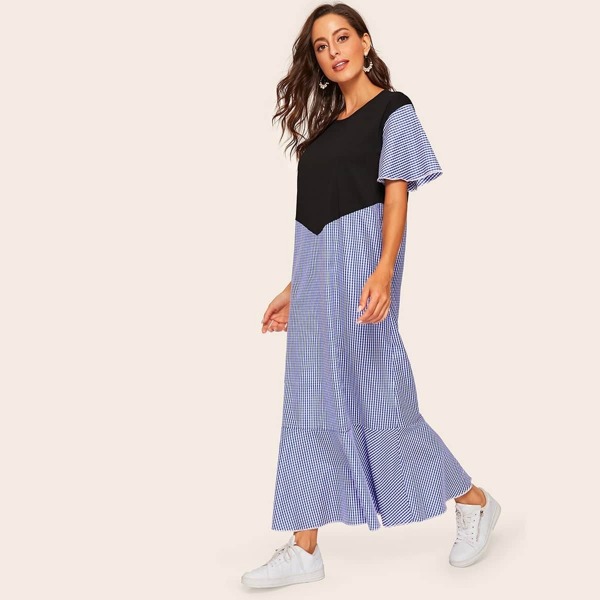 

Gingham Print Ruffle Hem Longline Dress, Multicolor