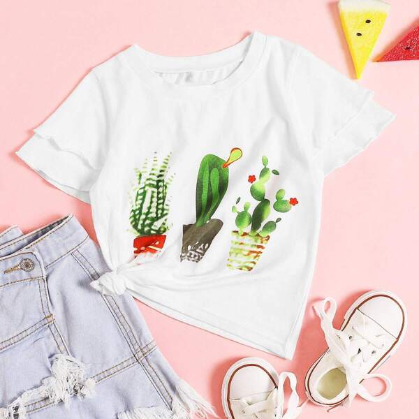 

Toddler Girls Cactus Print Flounce Sleeve Tee