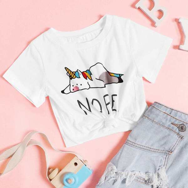 Toddler Girls Unicorn & Letter Print Tee, White