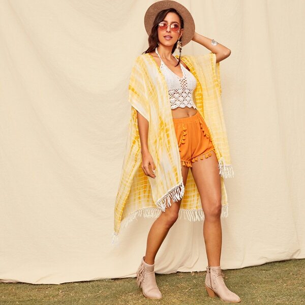 

Tie Dye Fringe Hem Kimono