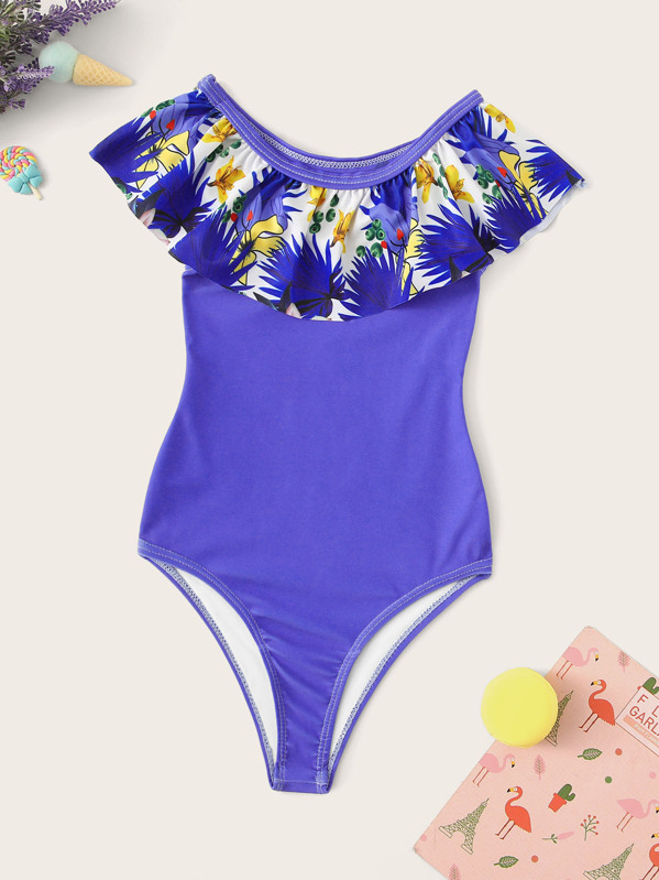 

Toddler Girls Tropical Print Flounce One Piece Swim, Purple