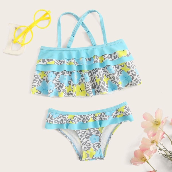 

Toddler Girls Leopard & Flower Print Flounce Bikini Set