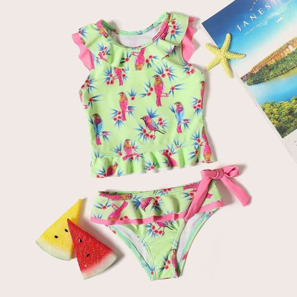 

Toddler Girls Bird Print Ruffle Tankini Set