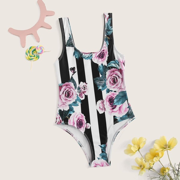 

Toddler Girls Floral & Striped One Piece Swim, Multicolor