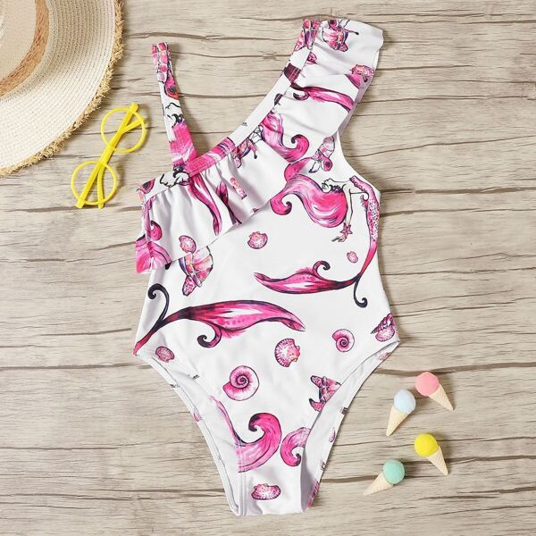 

Girls Random Mermaid Print One Shoulder Ruffle Swimsuit