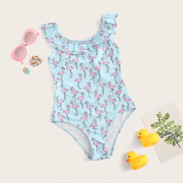 

Girls Random Flamingo Print Ruffle One Piece Swim