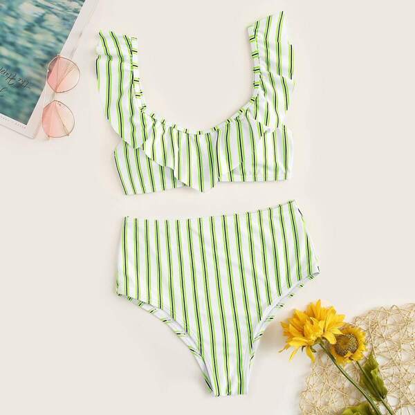 

Striped Ruffle Top With High Waist Bikini Set