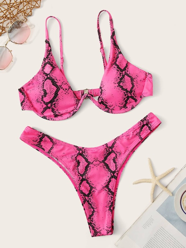 

Snakeskin Print Underwire Top With High Cut Bikini, Multicolor