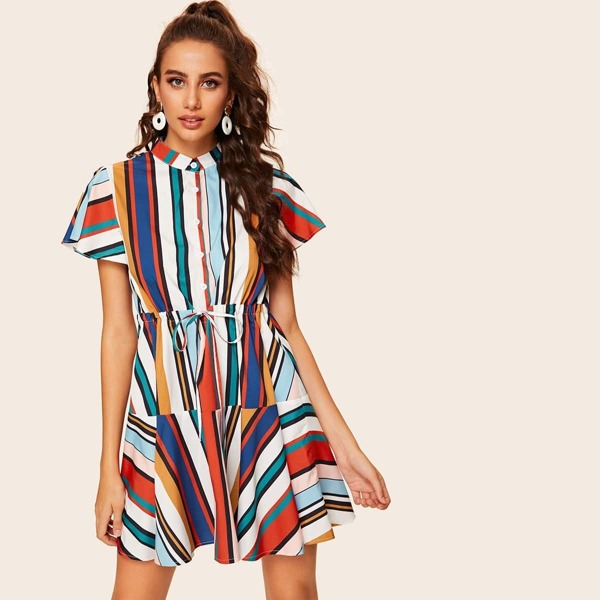 

Striped Drawstring Waist Shirt Dress, Multicolor