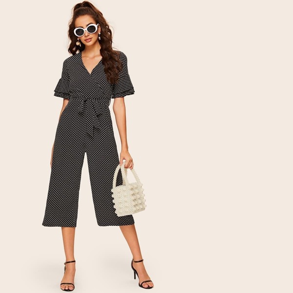 

Polka Dot Flounce Sleeve Belted Jumpsuit, Black and white