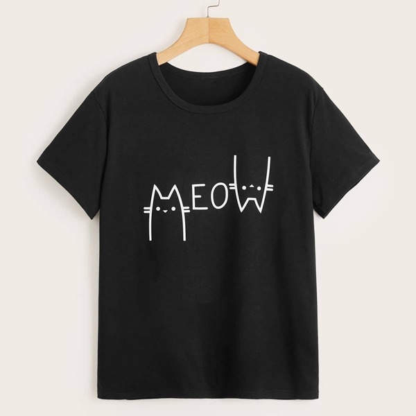 

Cat & Letter Graphic Tee, Black