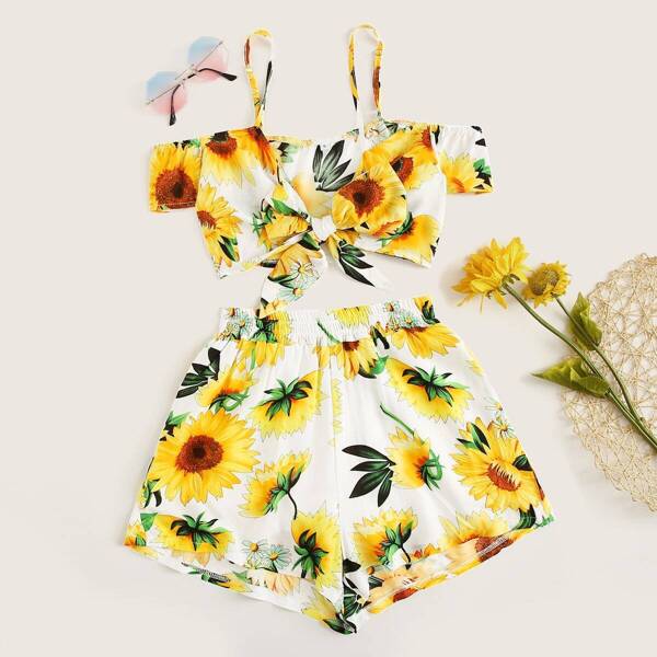 

Sunflower Print Knot Front Cami Top With Shorts