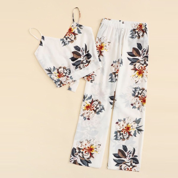 

Plus Floral Print Knot Cami Top With Pants, Multicolor