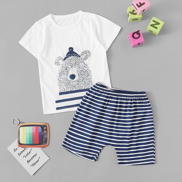 

Toddler Boys Bear Print Striped Pajama Set