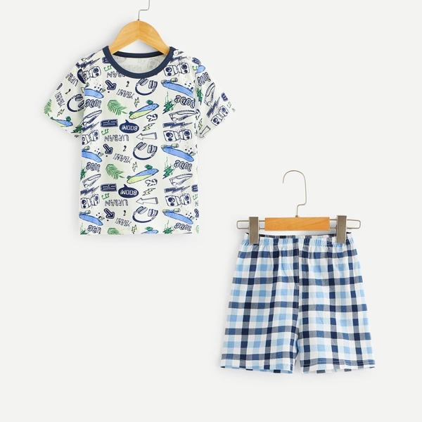 

Toddler Boys Graphic Print Plaid Pajama Set