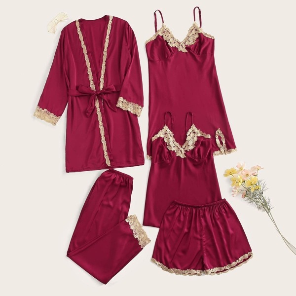 

5pcs Floral Lace Trim Pajama Set With Robe
