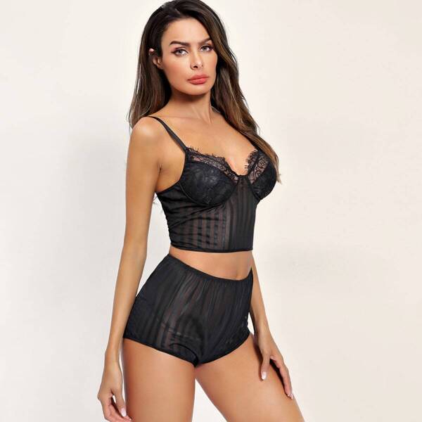 

Floral Lace Sheer Striped Lingerie Set