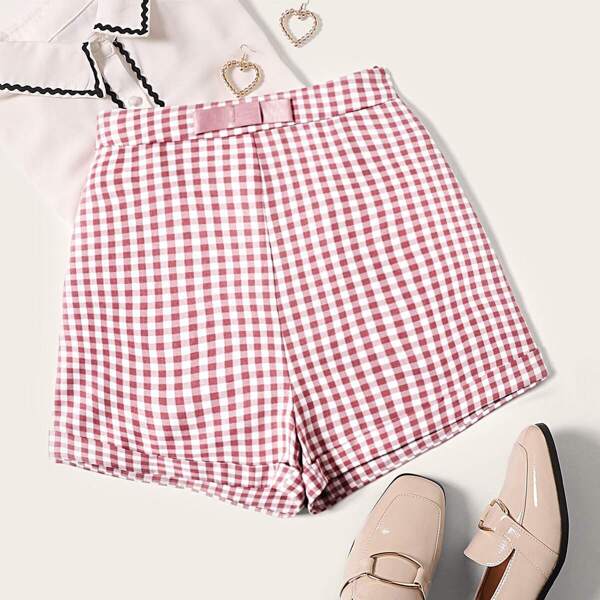 

70s Bow Waist Roll Hem Gingham Shorts, Multicolor