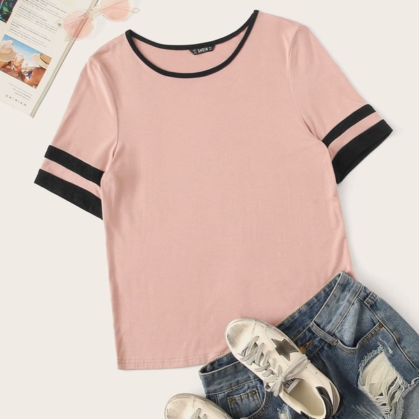 

Varsity Striped Ringer Tee, Pink pastel