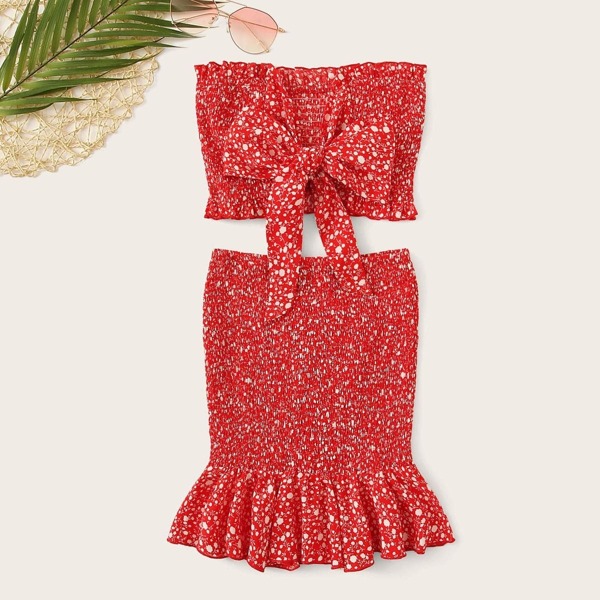 

Frilled Trim Knot Dot Bandeau Top & Skirt Set, Red