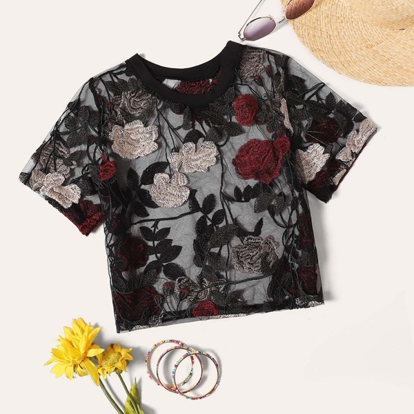 

Floral Embroidery Sheer Blouse, Black