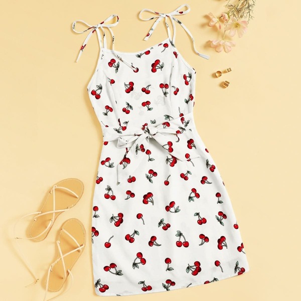 

Fruit Print Belted Knot Detail Cami Dress