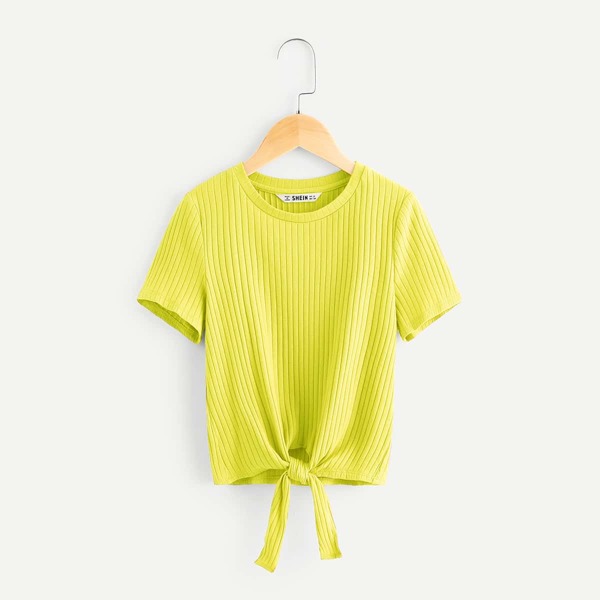 

Girls Neon Yellow Tie Waist Front Rib-knit Top