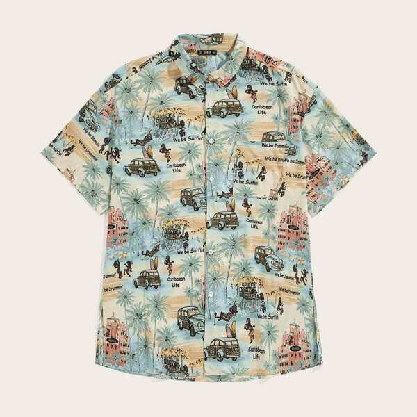 

Men Single Pocket Sea Shore Print Shirt