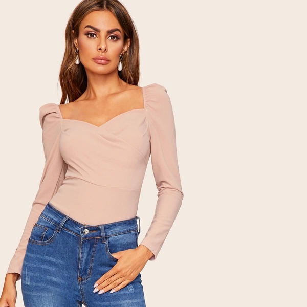 

Sweetheart Neck Puff Sleeve Wrap Top, Pastel dusty pink