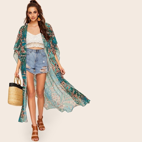 

Leopard Panel Plants Print Kimono