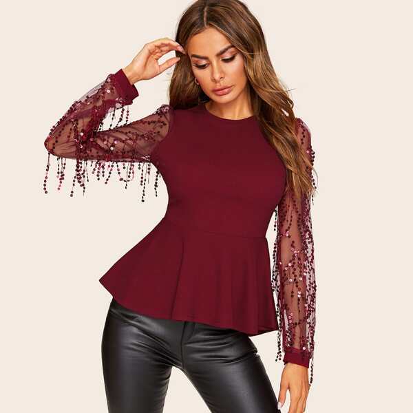

Sequin Mesh Sleeve Peplum Top
