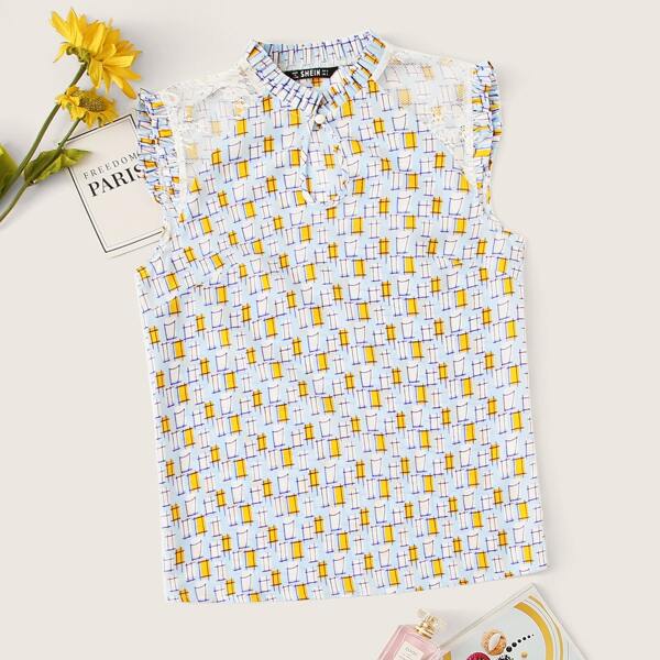 

Geo Print Frill Trim Keyhole Top