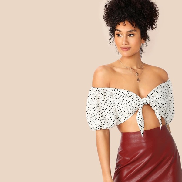 

Knot Front Heart Print Off Shoulder Crop Top, White
