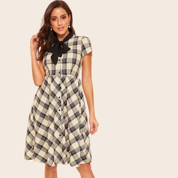 

60s Contrast Tie Neck Button Up Plaid Dress, Multicolor