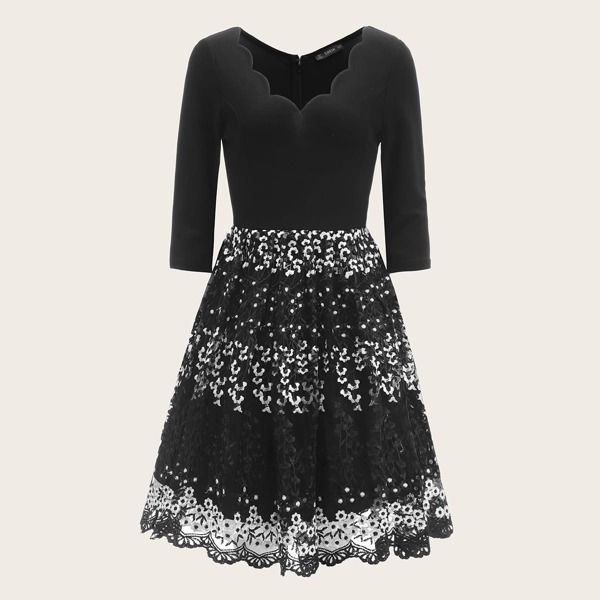 

70s Scallop Trim V-neck Embroidered Mesh Overlay Dress, Black