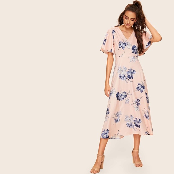 V-neck Floral Print Zip Back Dress