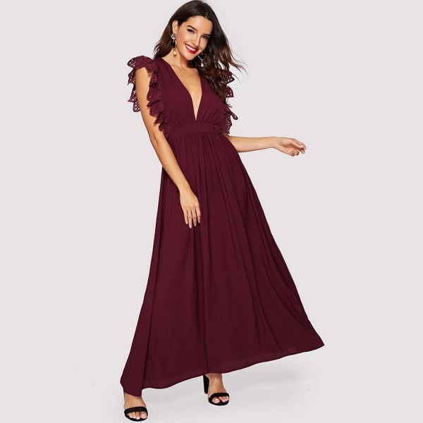 

Plunging Lace Ruffle Embellished Maxi Dress, Burgundy