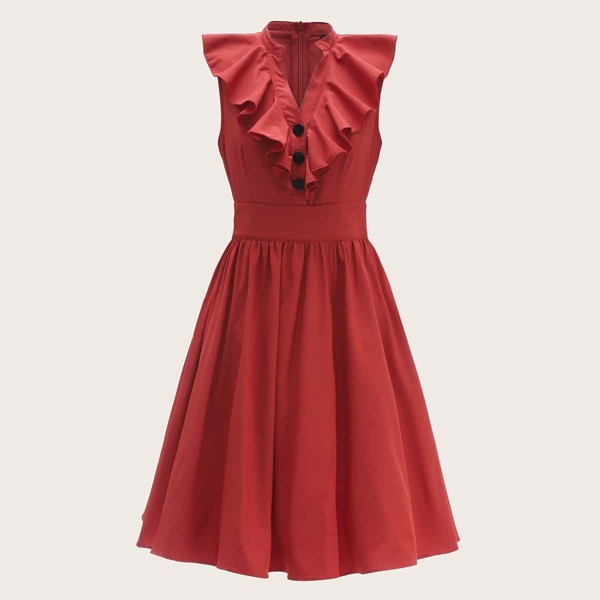 

Ruffle Trim Button Front Fit & Flare Dress