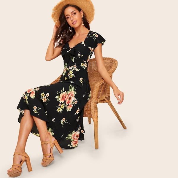 

40s Knot Front Flower Print Dress, Black
