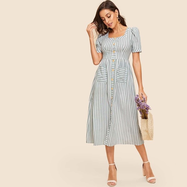 

50s Vertical-stripe Button Up Pocket Patched Dress