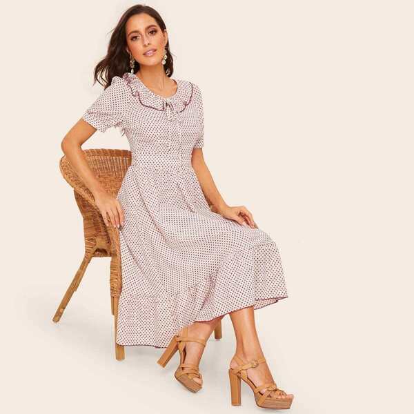 

50s Ruffle Trim Knot Detail Dot Dress