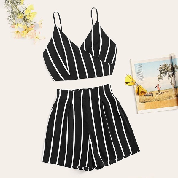 

Knot Back Striped Surplice Cami & Box Pleated Shorts, Black