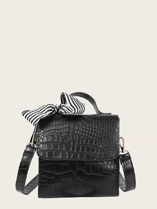 

Twilly Scarf Croc Embossed Satchel Bag, Black