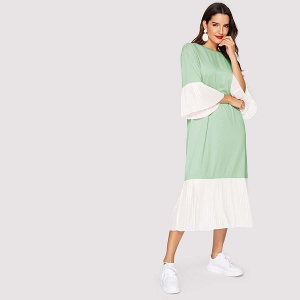 

Colorblock Pleated Ruffle Hijab Dress